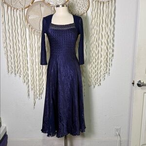 Komarov Purple Charmeuse Sheer Quarter Sleeve Midi Length Dress Size Small